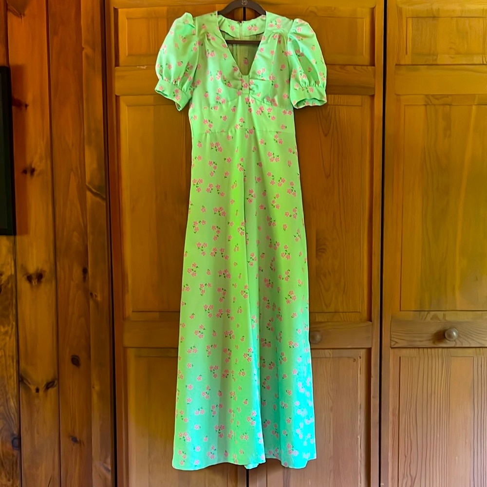 Vintage 60s Floral Green Empire waist Puff Sleeve Dress Size 2/4